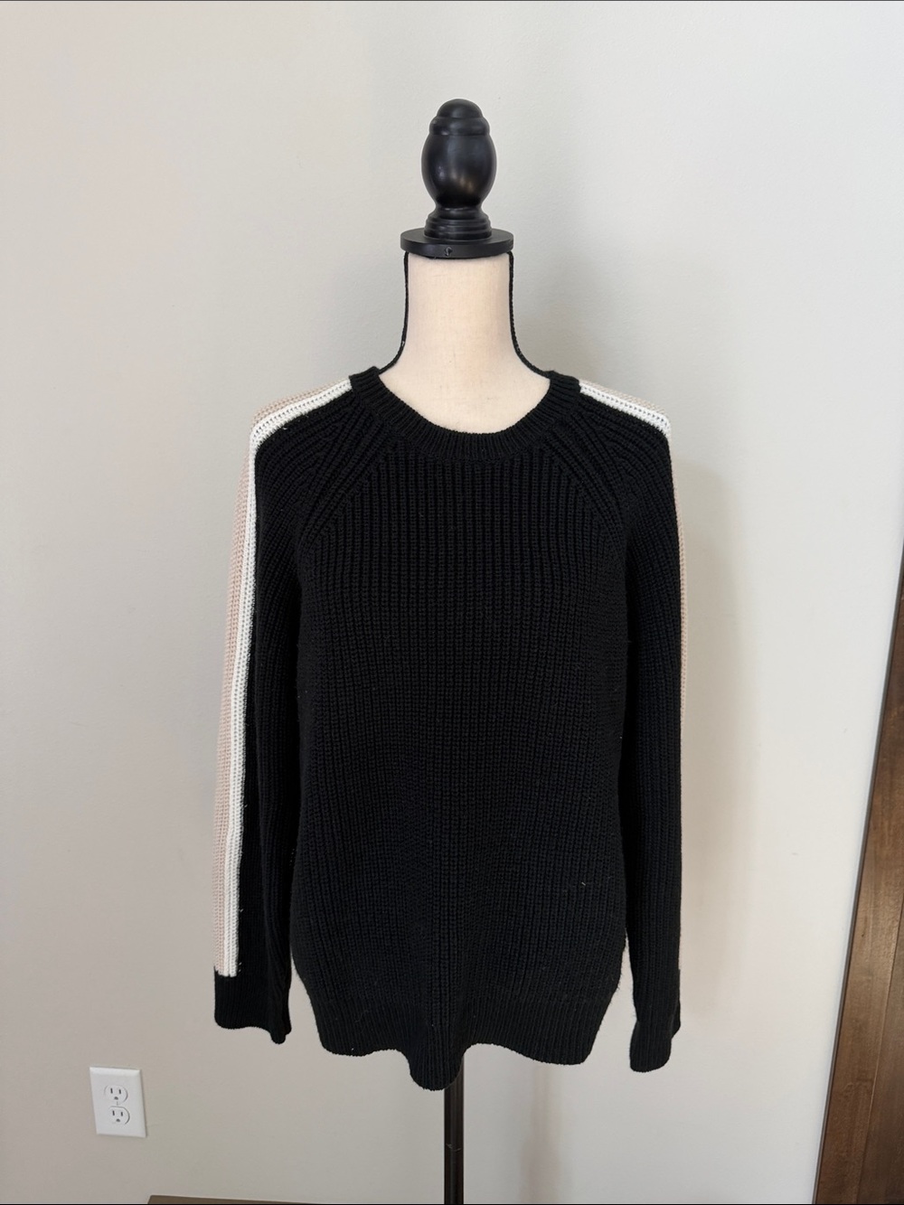 Sanctuary Black Crewneck Sweater with White Shoulder Stripes